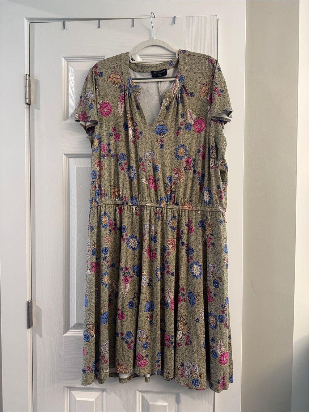 Lane Bryant Olive Green Floral V-Neck Midi Dress